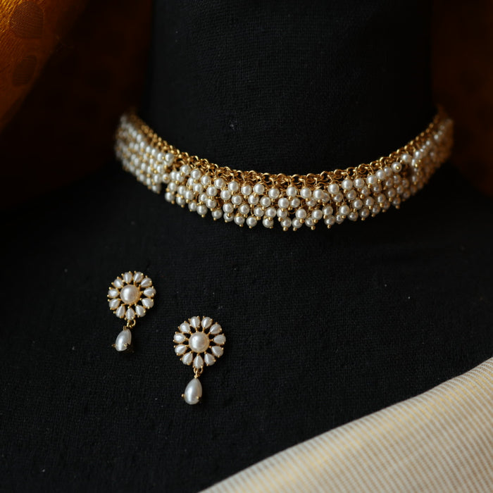 Antique pearl choker necklace with earrings CCB1223
