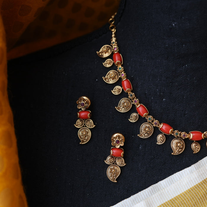 Antique red stone short necklace with earrings TTS43532