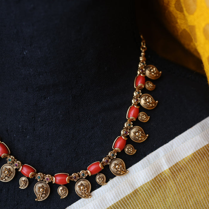 Antique red stone short necklace with earrings TTS43532