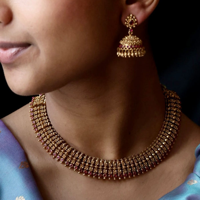 Antique gold short necklace with earrings G7654