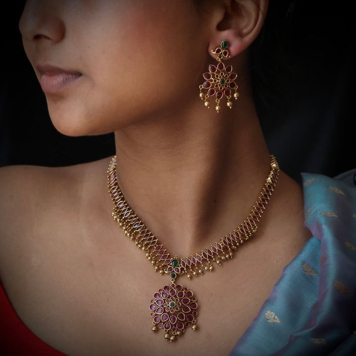 Antique ruby short necklace with earrings RUB678