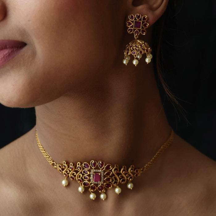 Antique ruby stone choker necklace and earrings CCB16920