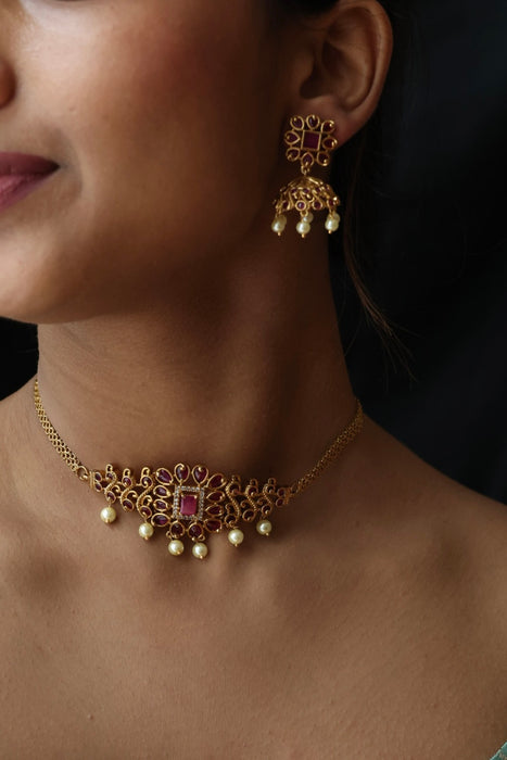 Antique ruby stone choker necklace and earrings CCB16920