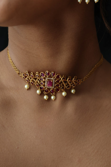 Antique ruby stone choker necklace and earrings CCB16920