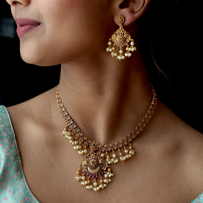 Antique gold short necklace with earrings SS104566