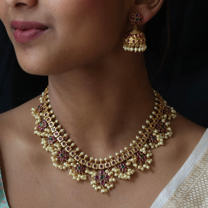 Antique pearl short necklace with earrings S1B1678