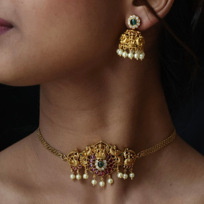 Antique ruby stone choker necklace and earrings CCB16922