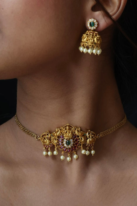 Antique ruby stone choker necklace and earrings CCB16922