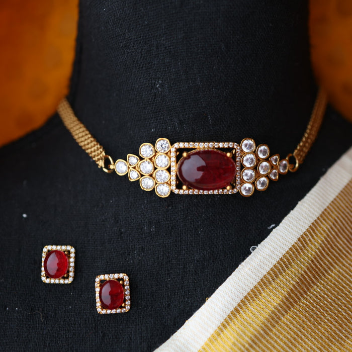Antique ruby stone choker necklace with earrings CCB155