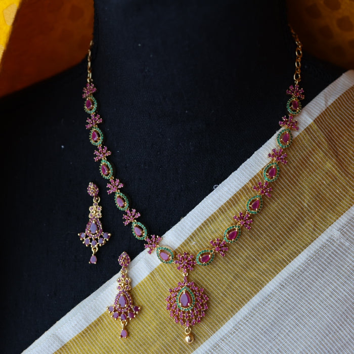 Heritage ruby green stone gold plated necklace with earring H098