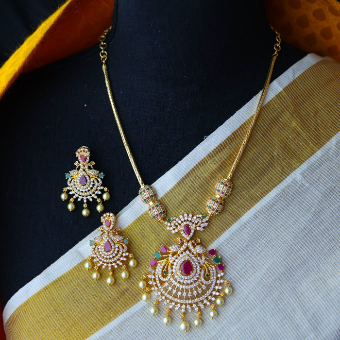 Heritage ruby green stone gold plated necklace with earring H099