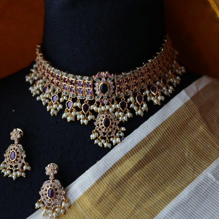 Antique gold traditional choker necklace withe earrings CCB2056