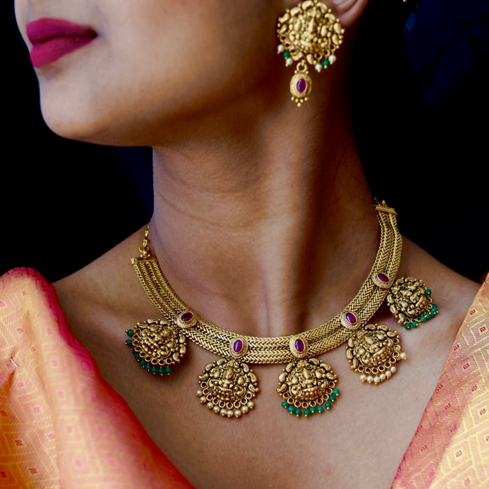 Antique gold temple design short necklace and earrings G6371
