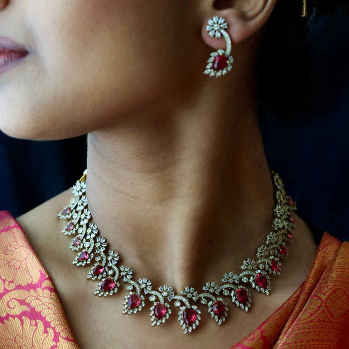 Victorian ruby white stone necklace with earrings V15702