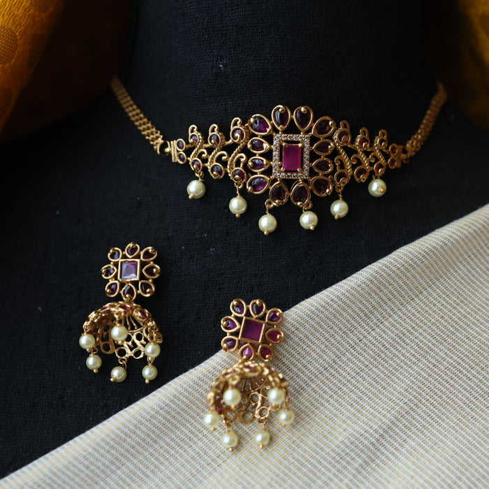 Antique ruby stone choker necklace and earrings CCB16920