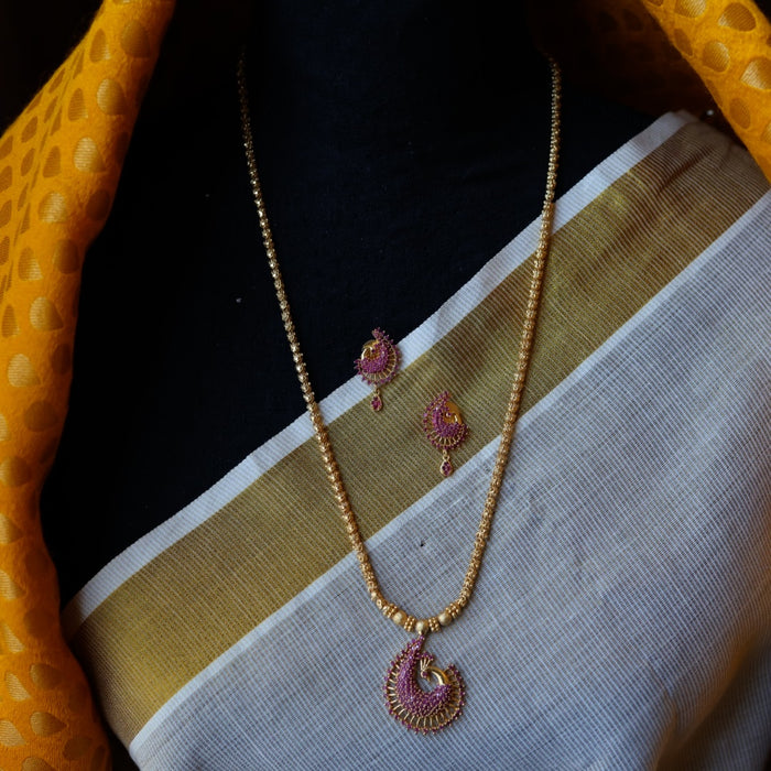 Heritage gold plated ruby stone long chain with earrings HC347