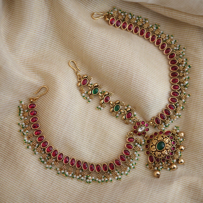 Antique ruby green stone three side tikka design tikka AT02122