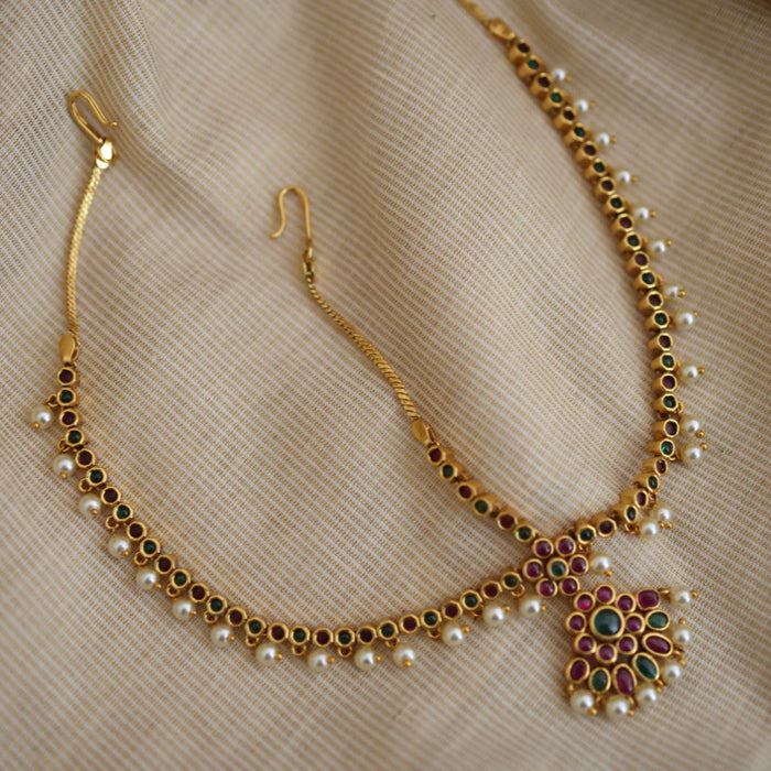 Antique ruby green stone three side tikka design tikka AT02222
