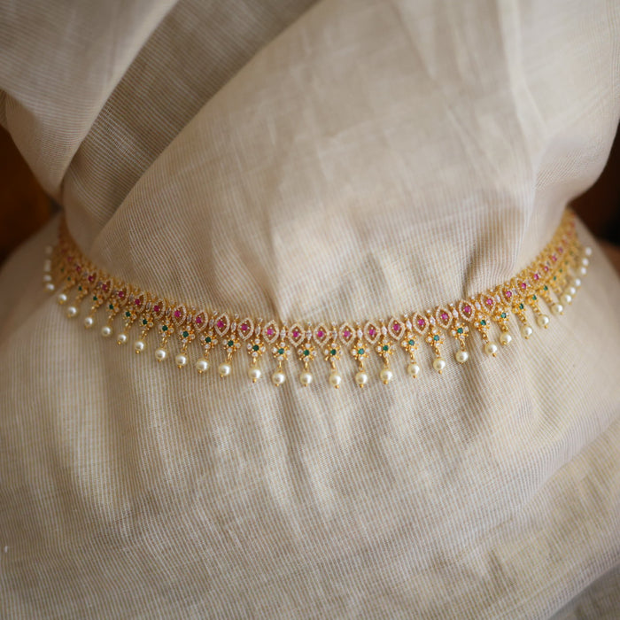 Heritage gold plated ruby green white stone and pearl waistchain HW345536