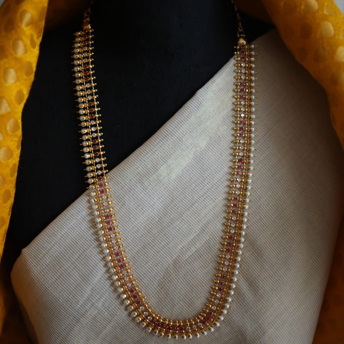 Heritage gold plated ruby white stone long necklace with earrings HL00252