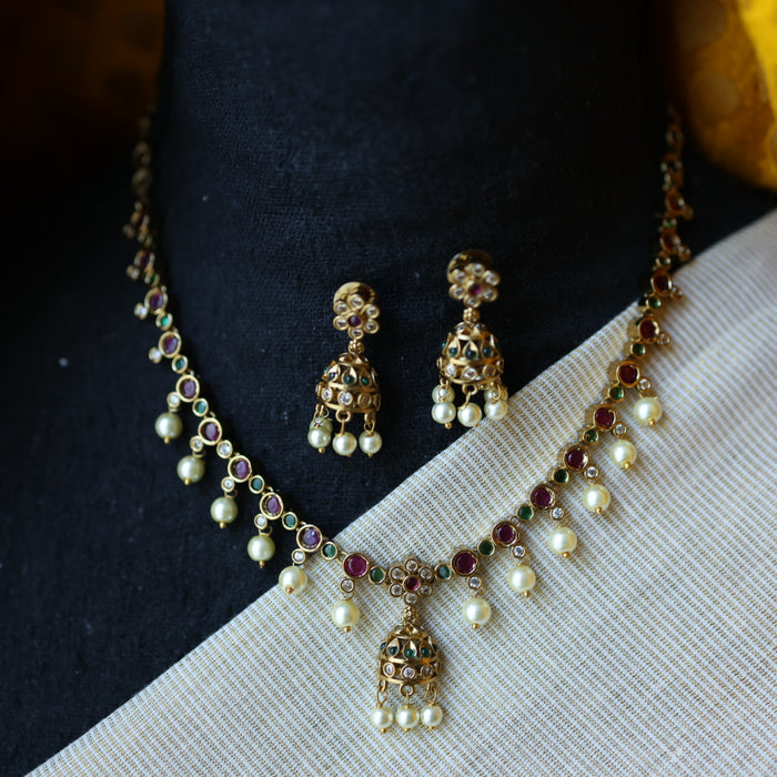 Antique ruby pearl short necklace with earrings TTS4908