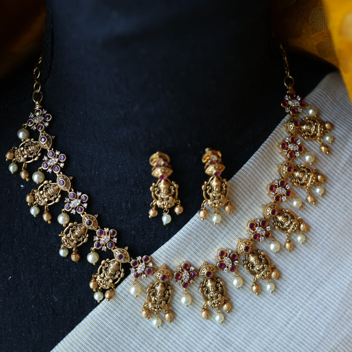 Antique white and ruby stone short necklace with earrings TTS4358