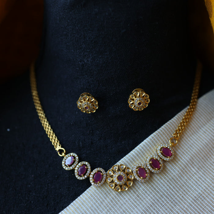 Antique white and ruby stone simple choker necklace with earrings CCB1098