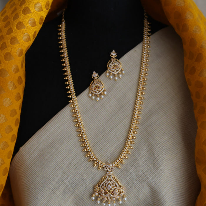 Heritage gold plated white stone long necklace with earrings HL5803