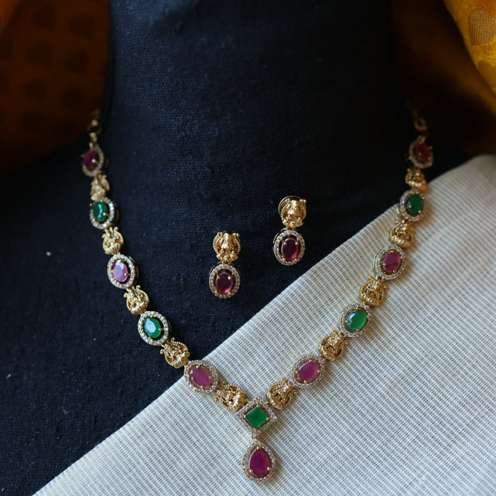 Antique ruby green stone temple short necklace with earrings TTS4359