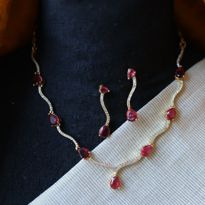 Antique white and ruby stone simple short necklace with earrings TTS4364