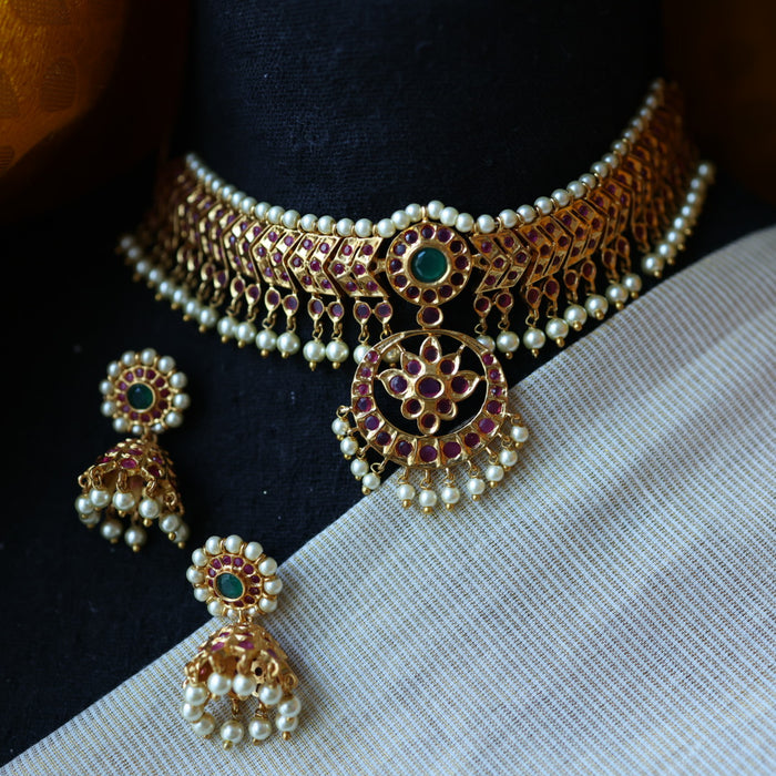 Antique ruby green stone choker necklace with earrings RUB9800