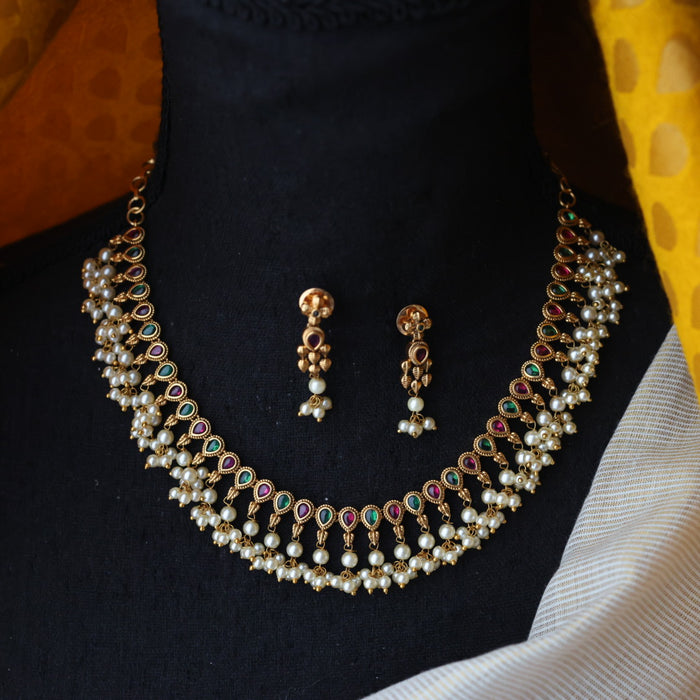 Antique ruby green pearl short necklace with earrings TT020349