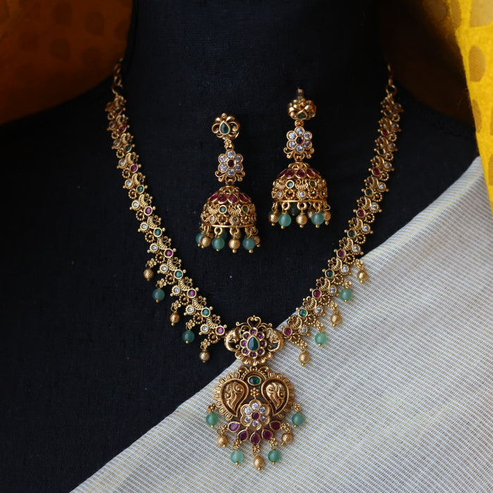 Antique ruby green pearl short necklace with earrings TT020553