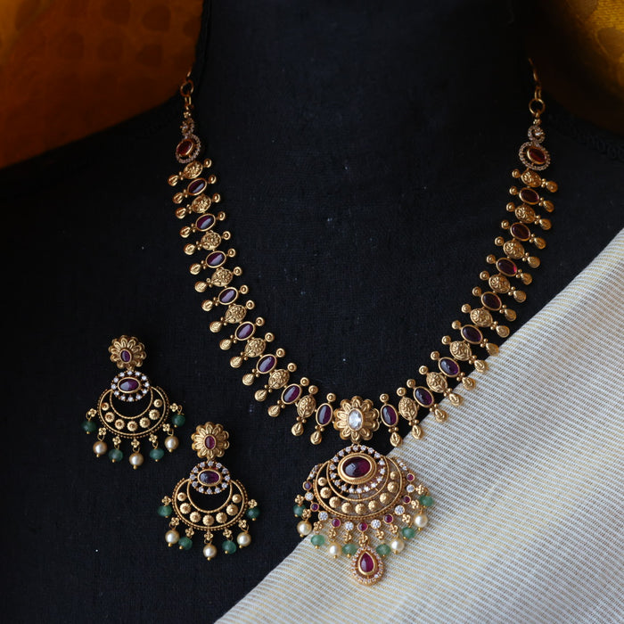 Antique ruby green pearl short necklace with earrings TT020332