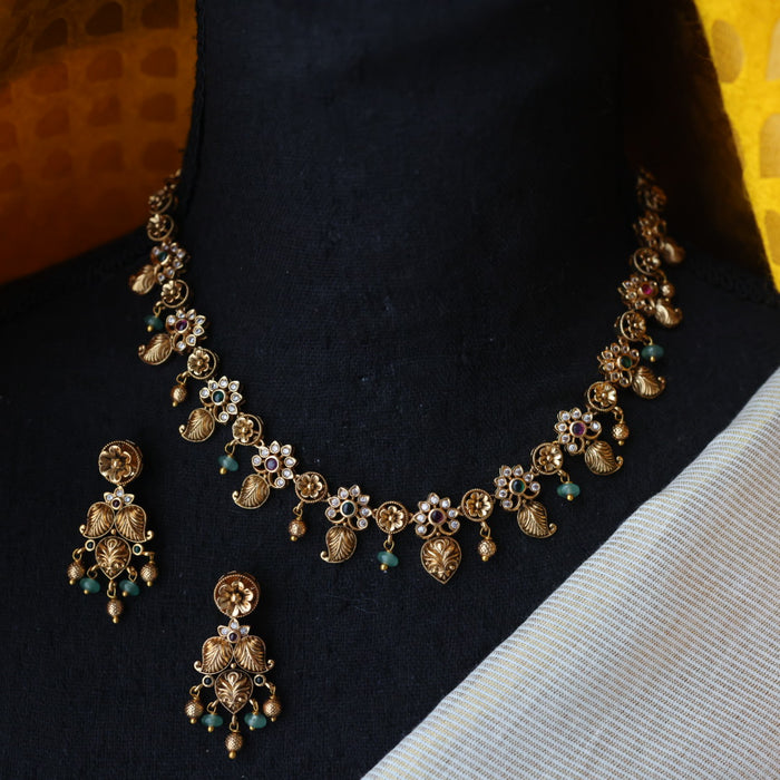 Antique ruby green pearl short necklace with earrings TT020599