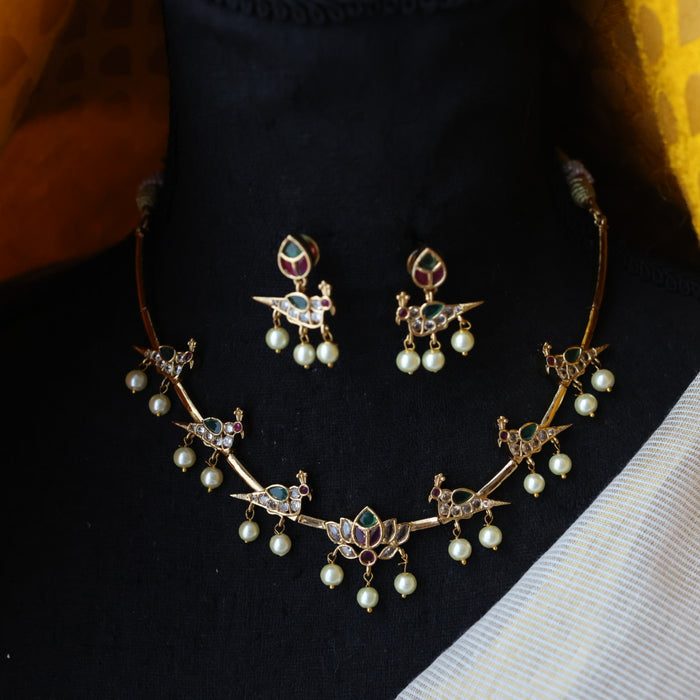 Antique ruby green stone pearl short necklace with earrings TT02053