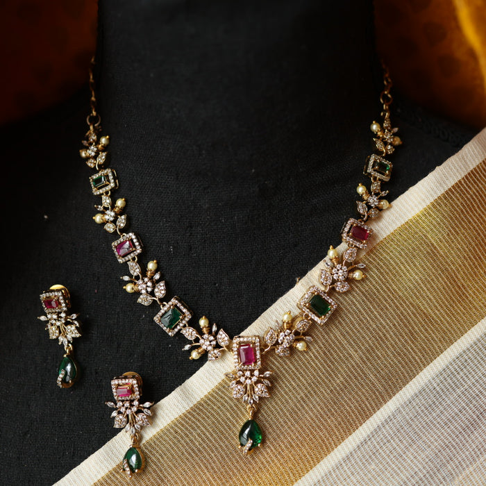 Victorian ruby green stone short necklace with earrings V13013