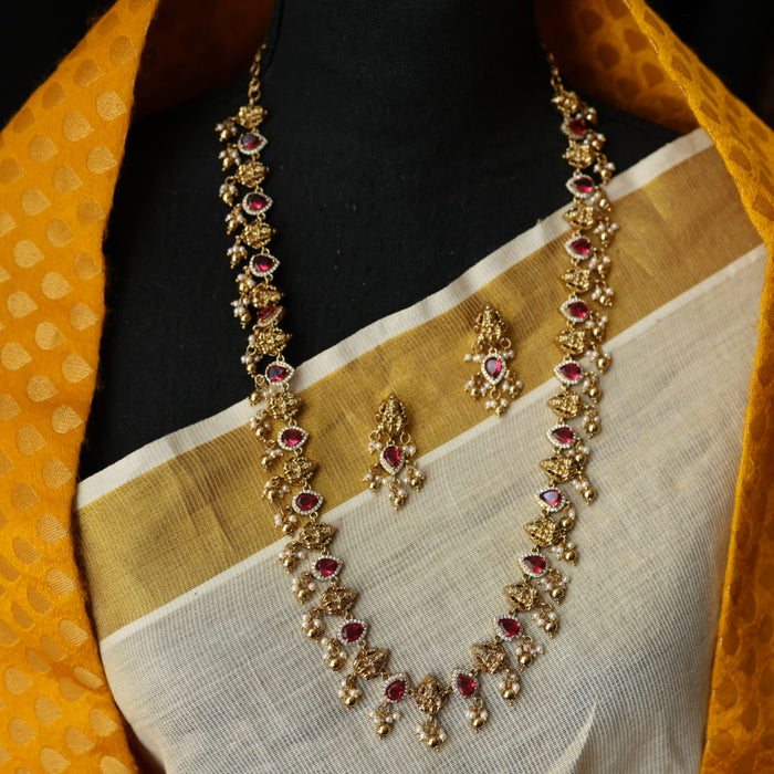 Antique ruby white stone long necklace with earrings /waistchain LL03556