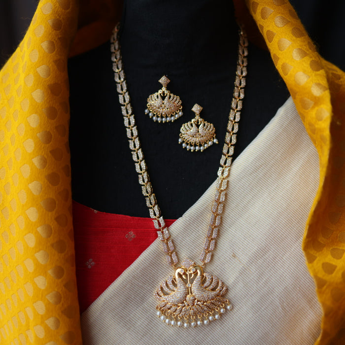 Heritage gold plated white stone long necklace with earrings HL576