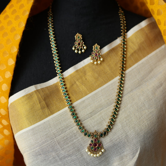 Antique green stone long necklace with earrings LL021265