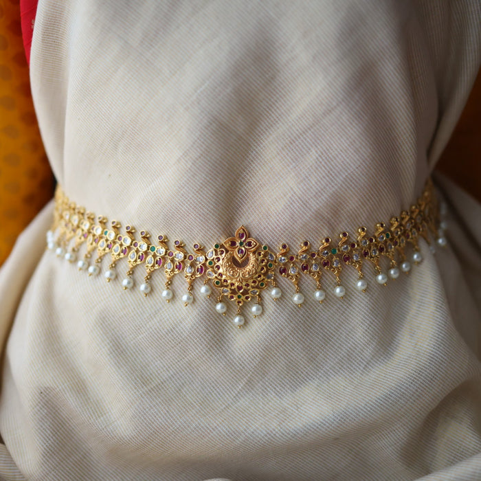 Antique gold white ruby green stone mango waistchain AW4574