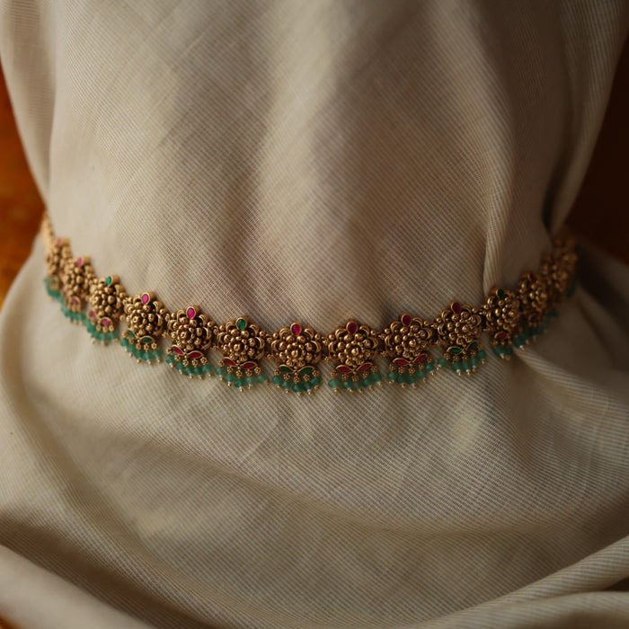 Antique gold temple design green bead waistchain AW55680