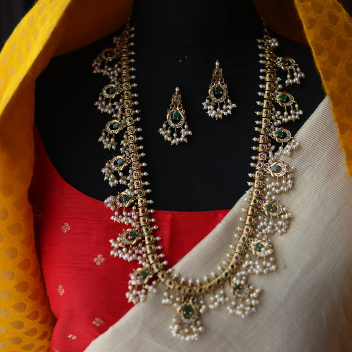 Antique gold and pearl waistchain/ long necklace with earrings LL03981