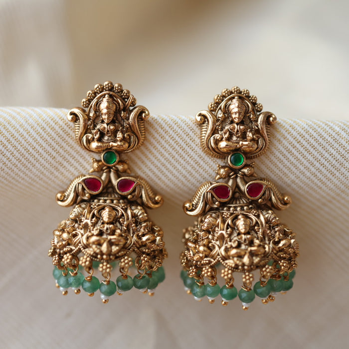 Antique temple design green bead jumka earrings AJ201