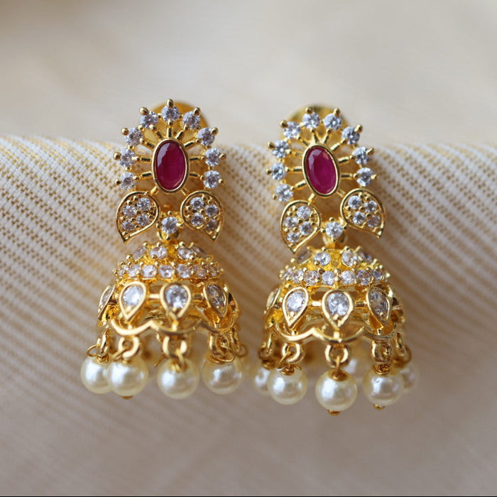 Heritage gold plated ruby white stone jumka earrings HJ0490