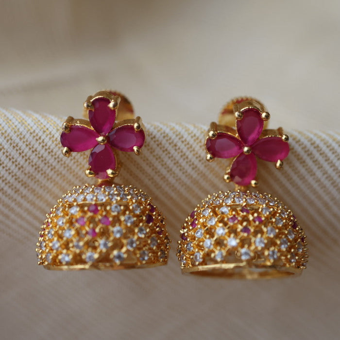 Heritage gold plated ruby white stone small jumka earrings HJ209