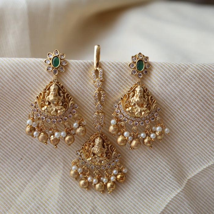 Antique temple design drop earrings and tikka AD2901