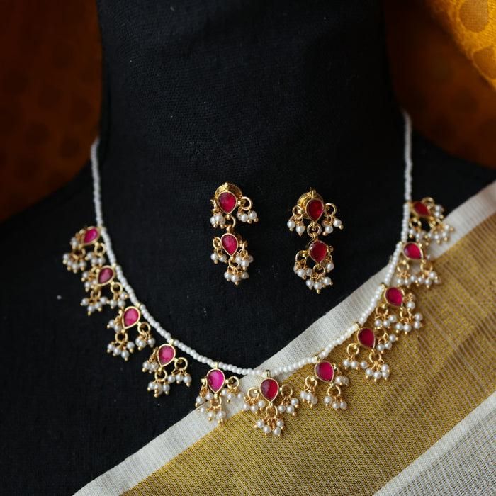 Invisible chain kundan stone short necklace with earrings IN105