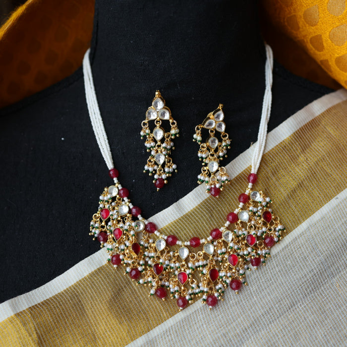 Invisible chain kundan stone short necklace with earrings IN106