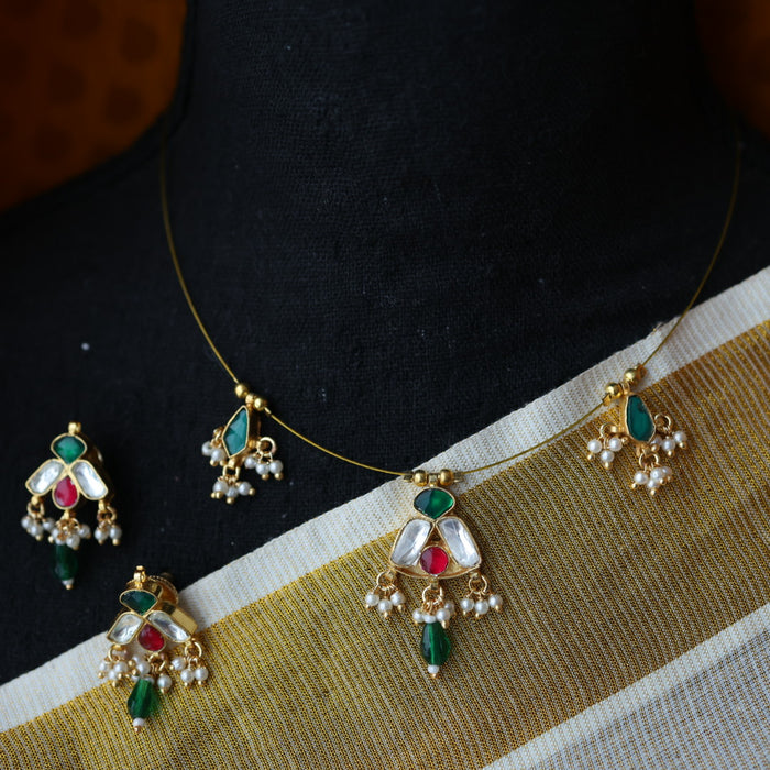 Invisible chain kundan stone short necklace with earrings IN107